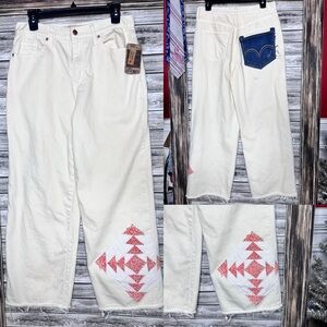 UpCycled Recycled Reworked Loose Wide Leg Cream Denim Jeans Vintage Quilt Levi